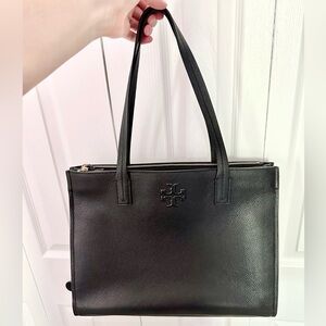 Tory Burch black leather laptop tote